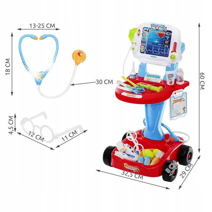 Set joaca doctor, Iso Trade, 18 accesorii, cu sunet si lumina, albastru-rosu, 32,5x29x60cm