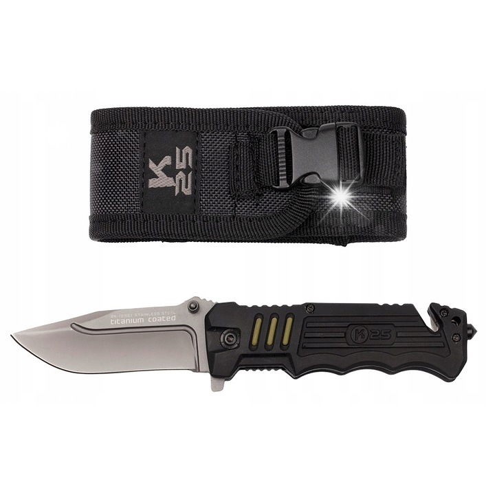 Cutit de salvare pliabil K25 N-356A, inox 7Cr17Mov, maner antiderapant, set cu husa din cordura