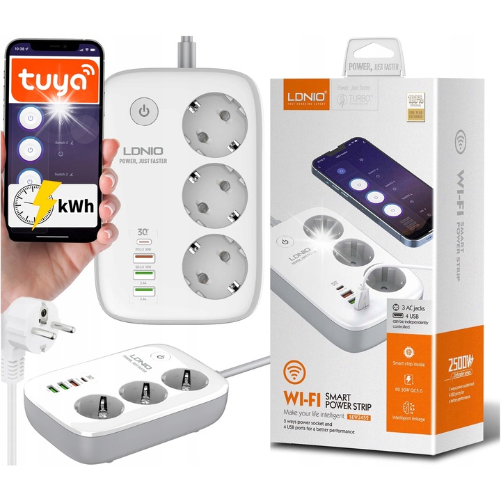 Priza inteligenta cu Wi-Fi LDNIO, 4 porturi USB, Alb