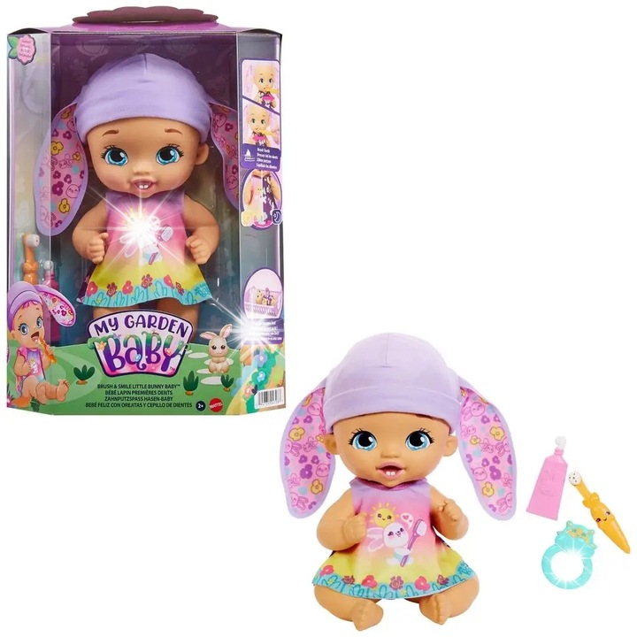 Lala My Garden Baby, nyuszi baba, 30cm, fogkefével és fogkrémmel, lila