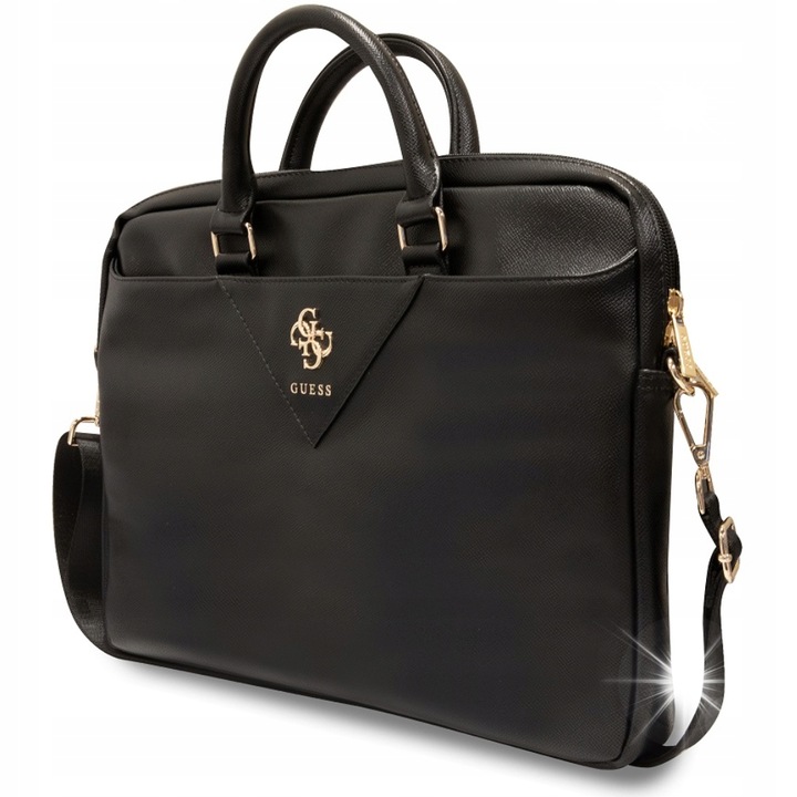 Geanta laptop Guess, 15"-16", negru, cu logo auriu, cu buzunare suplimentare