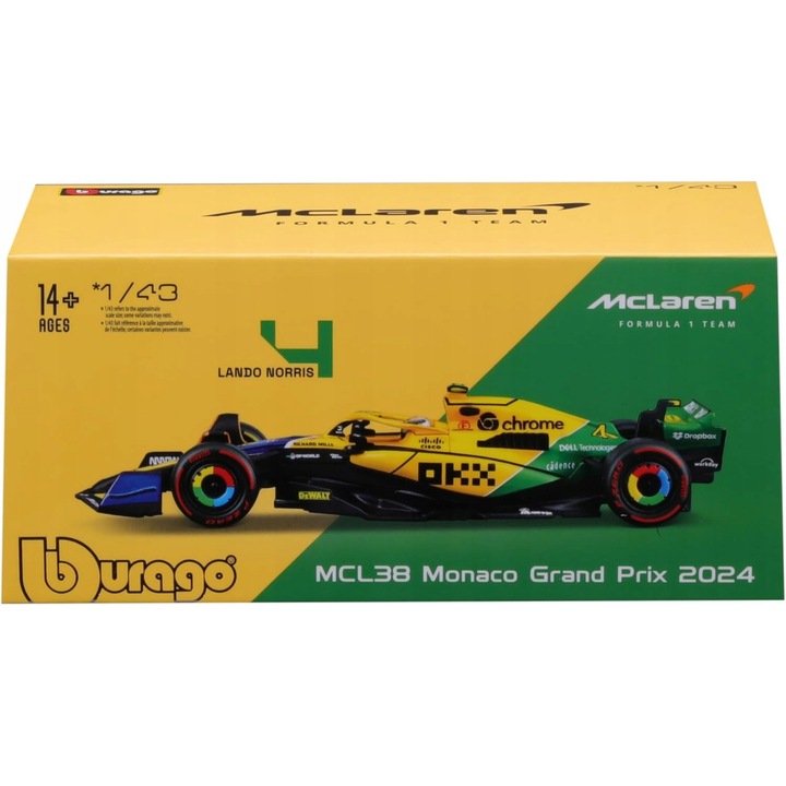 Mașină de colecție McLaren MCL38 F1 GP Monaco 2024, ediție specială Senna, 1:43, galben-verde-albastru, 13x5x3cm