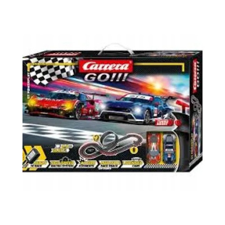 Set circuit Carrera GO!!! GT Powerplay, 4.9m, 2 masini GT3, Ford Mustang GT3 si Ferrari 296 GT3, 1:43
