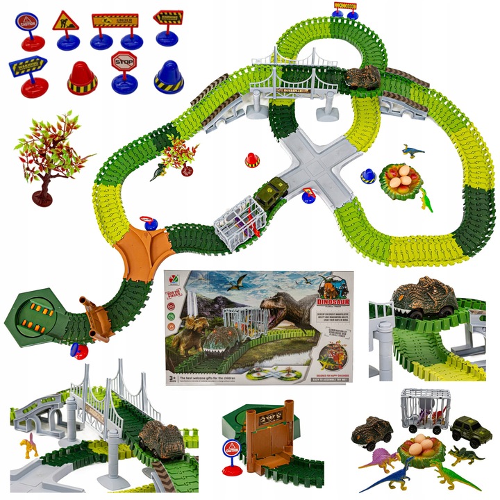 Set Pista Curse Dinozauri 240 Piese, DK, Terepjáró autó, Mozgó dinoszaurusz, Többszínű