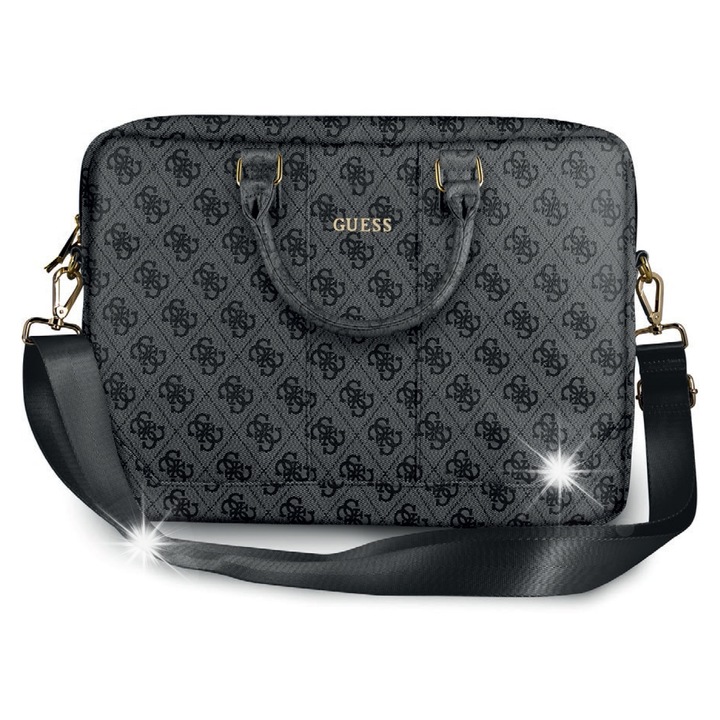 Geanta laptop Guess Uptown 4G, 15", gri, cu buzunar suplimentar, din piele sintetica