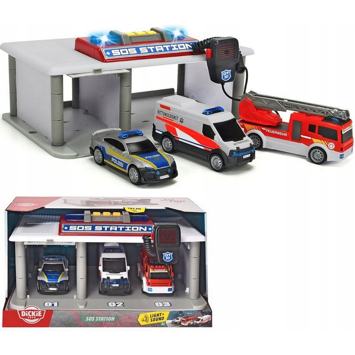 Statia de Salvare S.O.S Dickie Toys, set cu 3 vehicule de urgenta, efecte luminoase si sonore, multicolor, 30x45cm