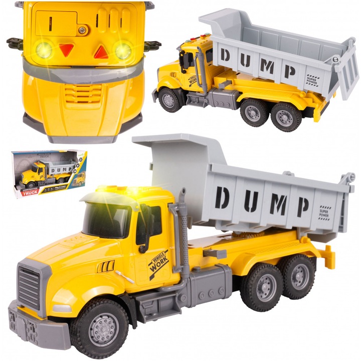 Camion basculant interactiv pentru copii, design realist cu roti mobile, efecte sonore si luminoase, dimensiune 30 x 12.7 x 8.8 cm