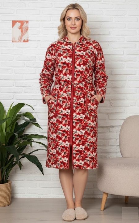 Capot de casa pentru femei maneca lunga si buzunare, cordon in talie 8011 13332, Rosu