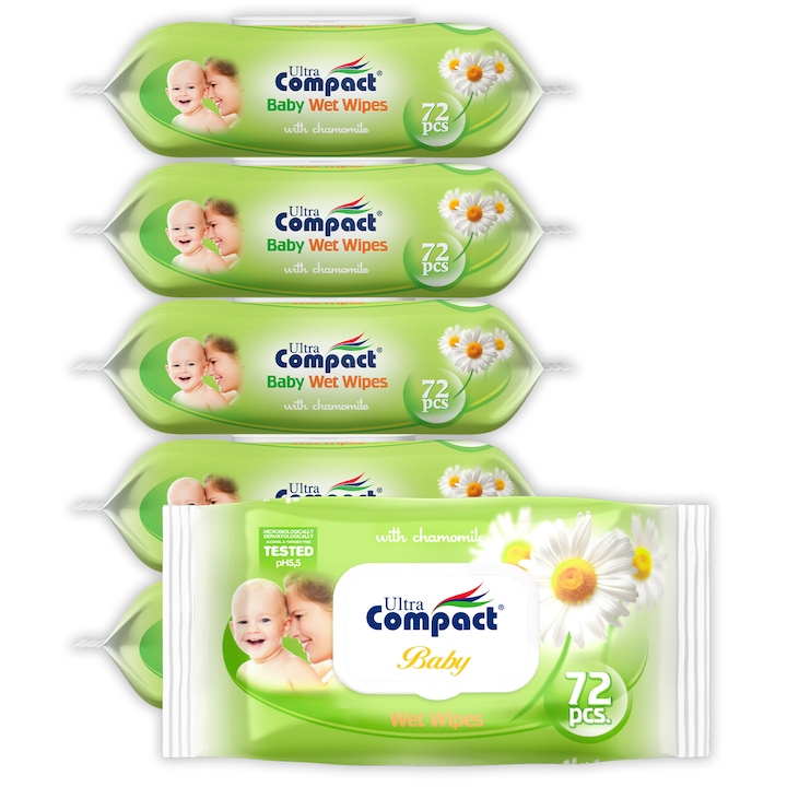 Servetele Umede cu Extract de Musetel pentru Copii, 6 pachete x 72 buc (432 total), Grosime+ (43 gsm), Dimensiune Mare (16 x 19 cm), Ultra Compact