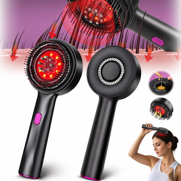 Perie de Masaj Electrica pentru Scalp, Tressino, 1400mAh, 3 moduri de masaj, Rezistent la Apa IPX7, Terapie Cu Lumina Rosie, Hidratarea Scalpului, Aplicator de tratamente si uleiuri esentiale, Previne Caderea Parului, Stimuleaza Cresterea, Gri