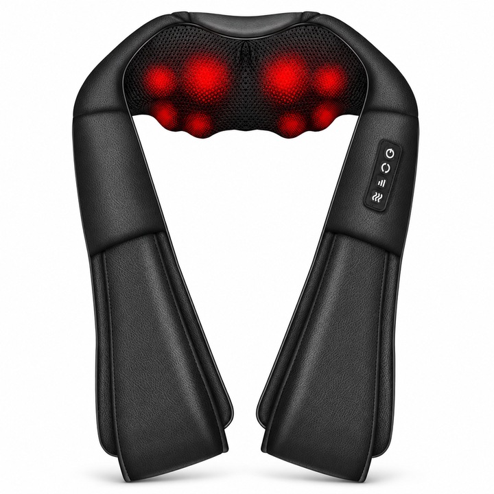 Професионален масажен апарат FitVibe™, 4D Шиацу масаж с инфрачервена светлина, термотерапия и вибромасаж, 8 двупосочни масажни точки, дълбока релаксация, 3 скорости, регулируема интензивност, за гръб, врат, рамене, крака, тяло, преносим, черен