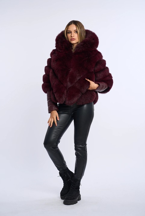 Haina blana naturala in V cu piele la maneci si gluga, bordo, Negru