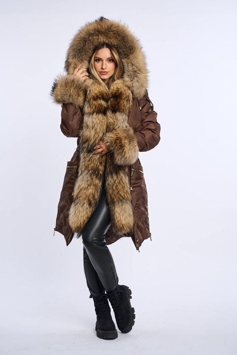 Geaca fas parka lunga cu blana naturala de raton, Chocolate, Ciocolata