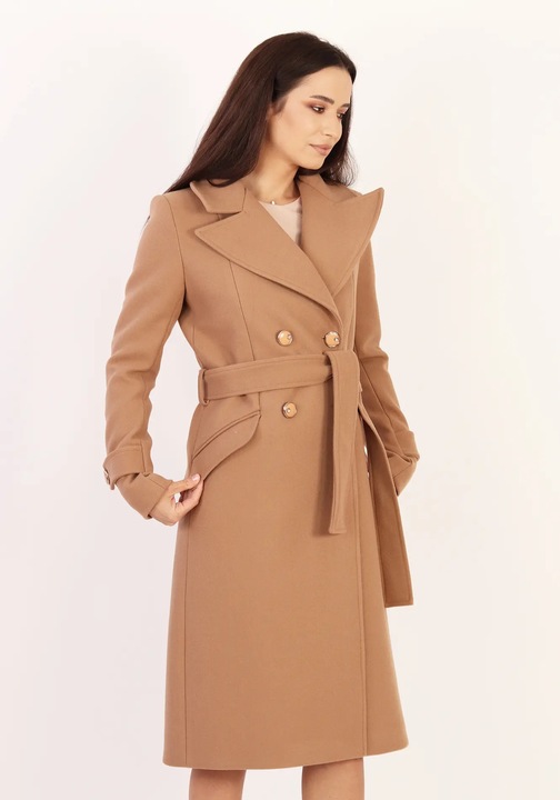 Palton elegant camel cu rever ascutit si cordon in talie 1202, Maro camel