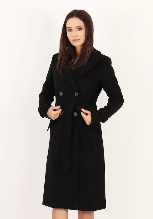 Palton elegant negru cu rever ascutit si cordon in talie 1209, Negru