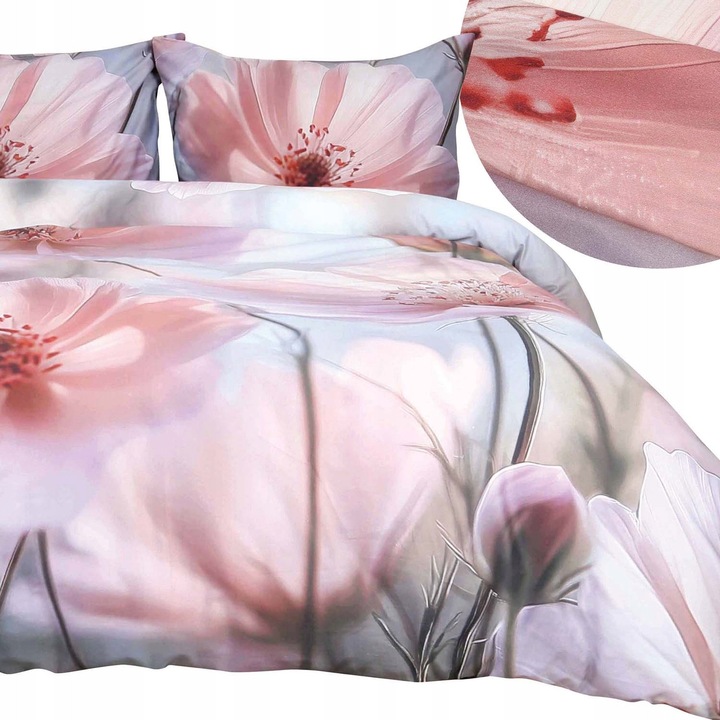 Lenjerie de pat SATYNLOVE PREMIUM 180x200, bumbac satinat, flori roz