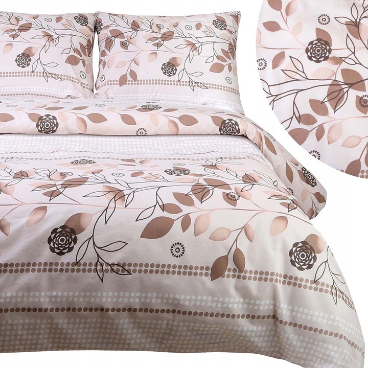 Спално бельо памук 140x200 см, модел цветя и точки, бяло-бежово