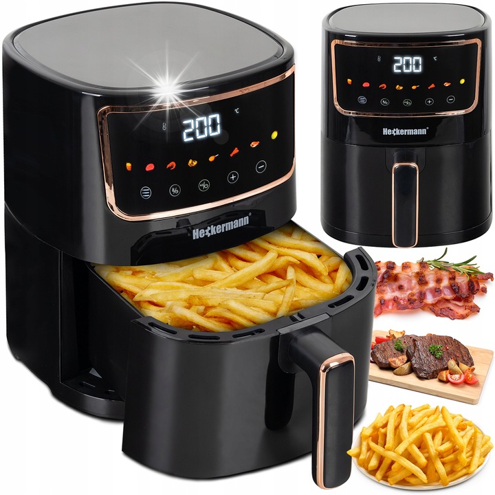 Friteuza fara ulei HECKERMANN, 1800W, 4.7L, 8 programe, neagra