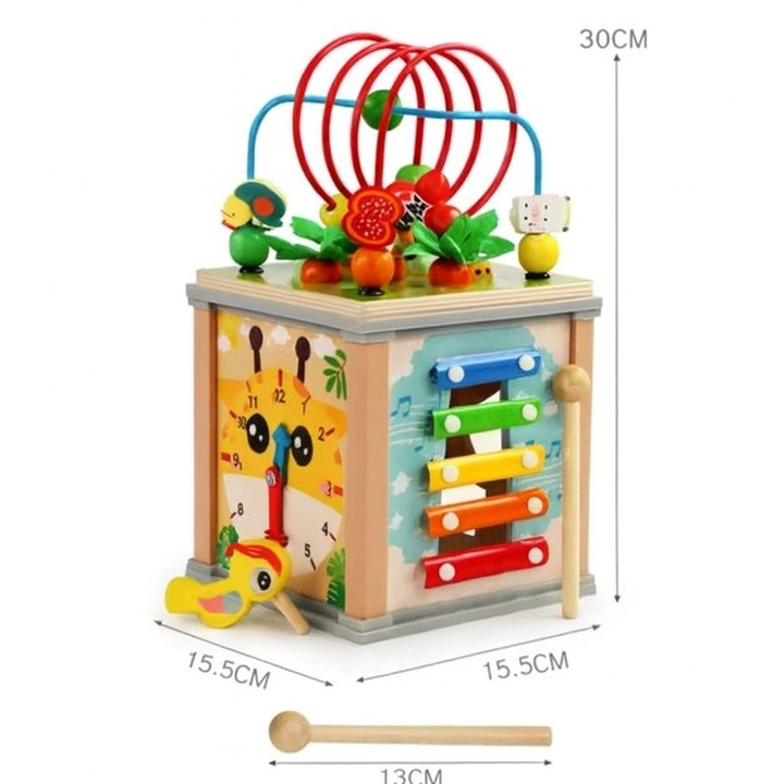 Cub Montessori din lemn cu ciocanitoare, 10 activitati in 1
