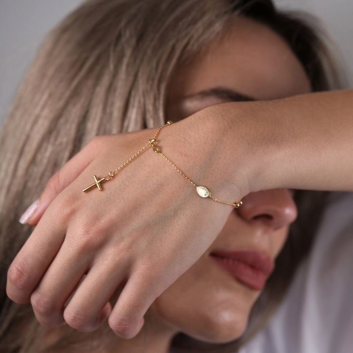 Bratara rozariu din aur galben de 14K cu cruce