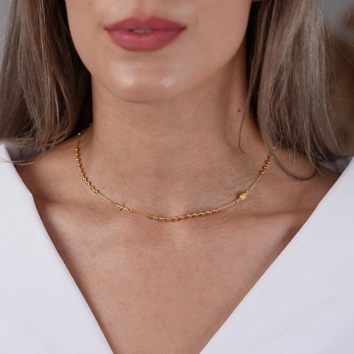 Rozariu la baza gatului din aur galben de 14K, cu cruce si bile de 3mm