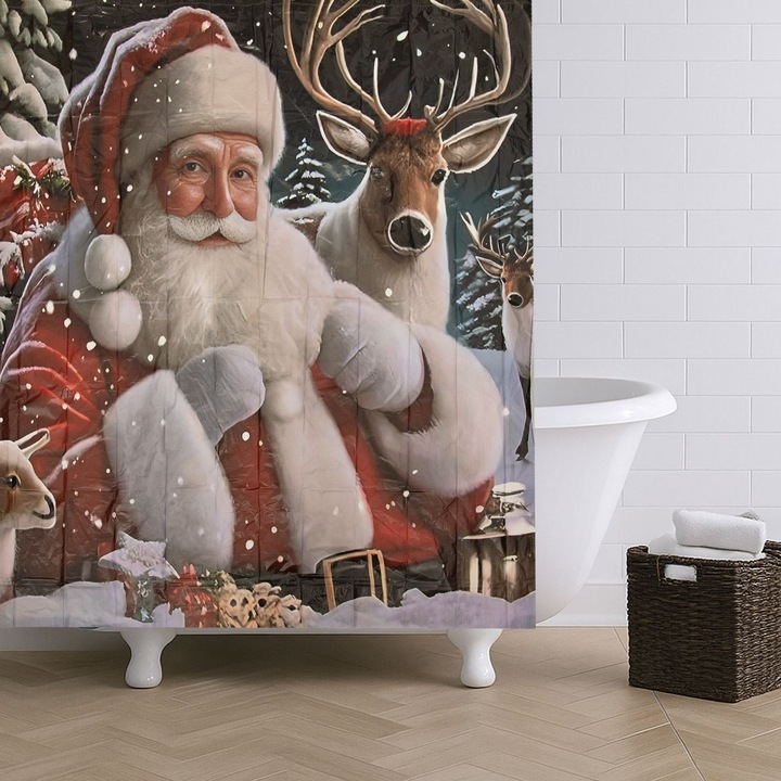 Perdea Dus Craciun PEVA Mos Craciun Ren 180x180cm
