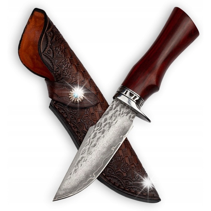 Cutit de vanatoare Takoma BSH ADVENTURE N-954A, otel damasc, 225mm, maner din lemn, husa din piele naturala