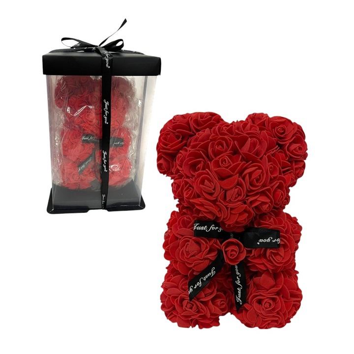 Aranjament din flori de sapun in forma de ursulet rosu 25 cm