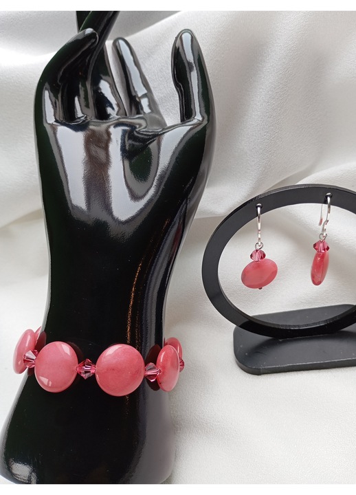Set "La vie en Roze" bratara si cercei cu Rodocrosit roz 16mm plate