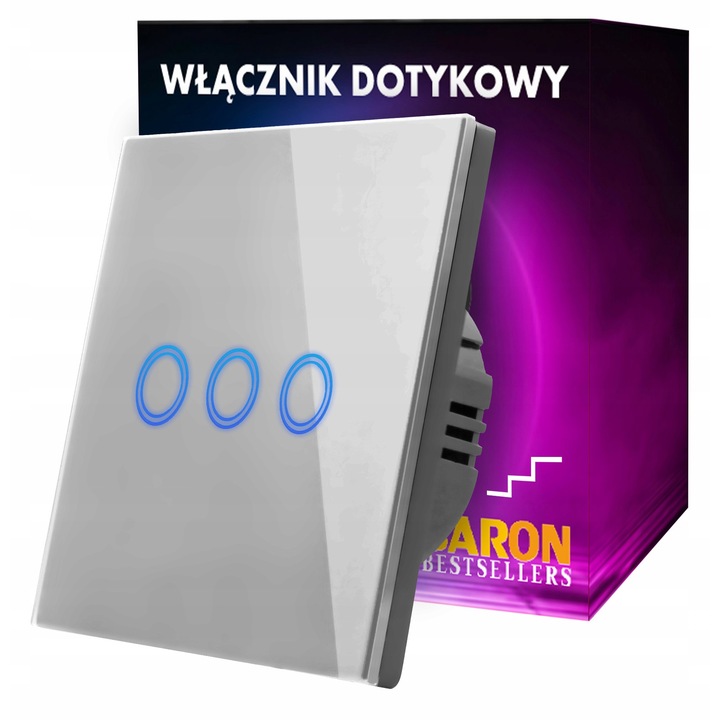 Háromszoros érintőkapcsoló, Baron, szürke üveg, elegáns design, 86x86mm
