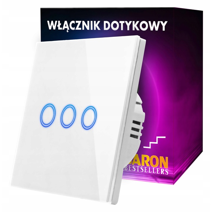 Baron hármas érintőkapcsoló, fehér üveg, kék-piros LED, mérete 10x15cm