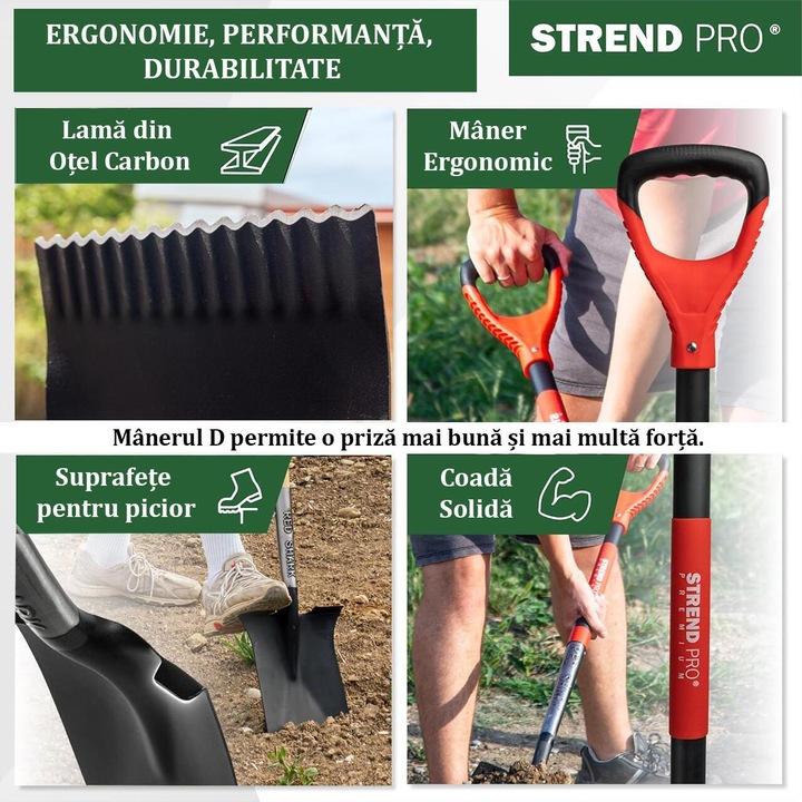 Harle, ásó, egyenes, fogazott végű, üvegszálas nyéllel, 115 cm, kesztyűvel, RedShark készlet