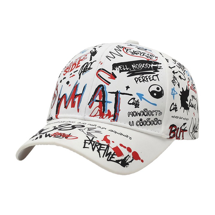 Регулируема бейзболна шапка с графити, унисекс, пришита козирка, абсорбираща лента, регулируема катарама, полиестер, бяла
