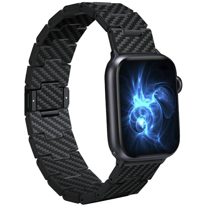 Pitaka Carbon Fiber Retro szíj kompatibilis Apple Watch 1/2/3/4/5/6/7/8/9/SE/SE2/Ultra, 42/44/45/49mm, Fekete