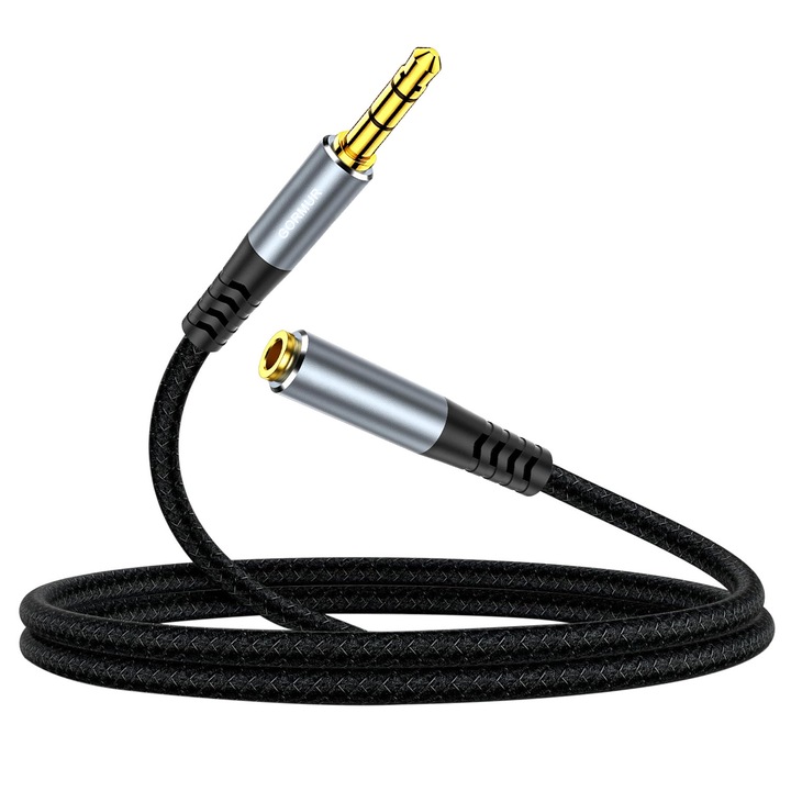 Cablul de prelungire audio stereo GORMUR de 3.5 mm mama la tata, tesut din nilon, potrivit pentru casti iPhone Apple, telefoane inteligente, tablete, playeri MP3 si altele. Conectori auriti, 1 m, neagra