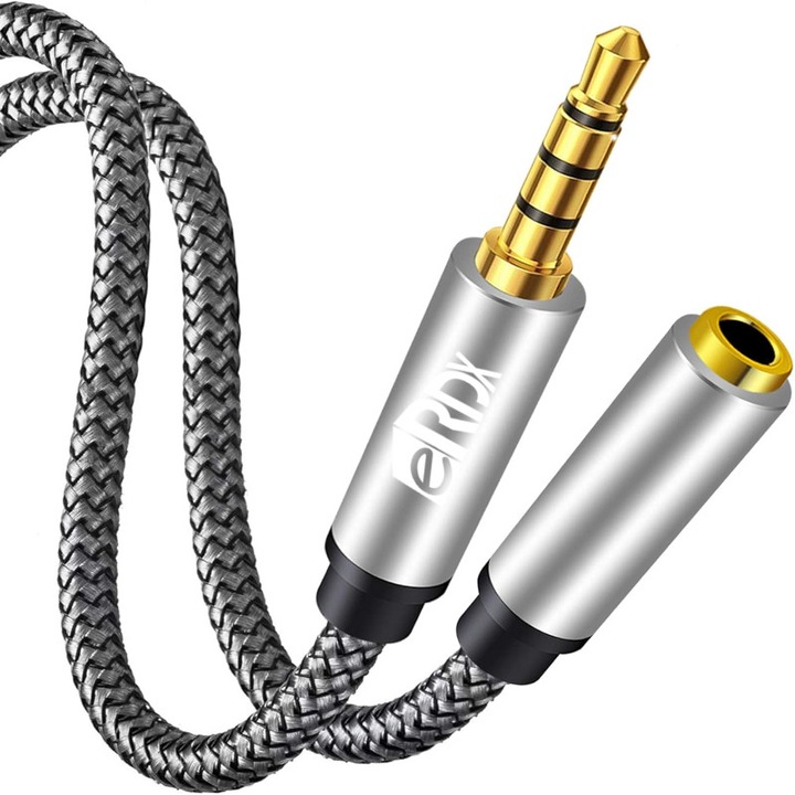 Cablu Audio eRDX® – 1m, Extensie Jack 3.5mm TRRS, 3.5mm Tata la 3.5mm Mama, Ecranat, Compatibil Microfon / Casti / Telefon / Laptop