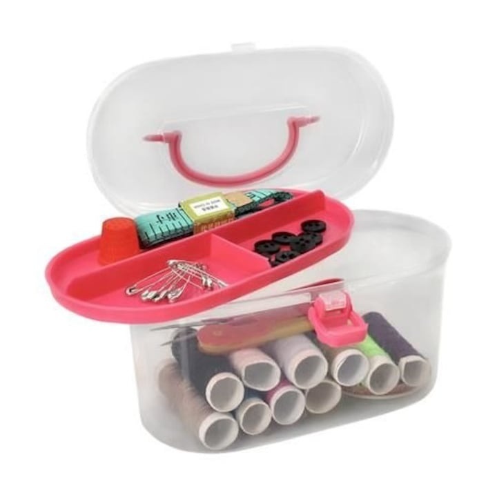 Set de croitorie, 43 articole diferite, cutie depozitare cu capac, accesorii complete pentru coasere si reparatii textile, multicolor