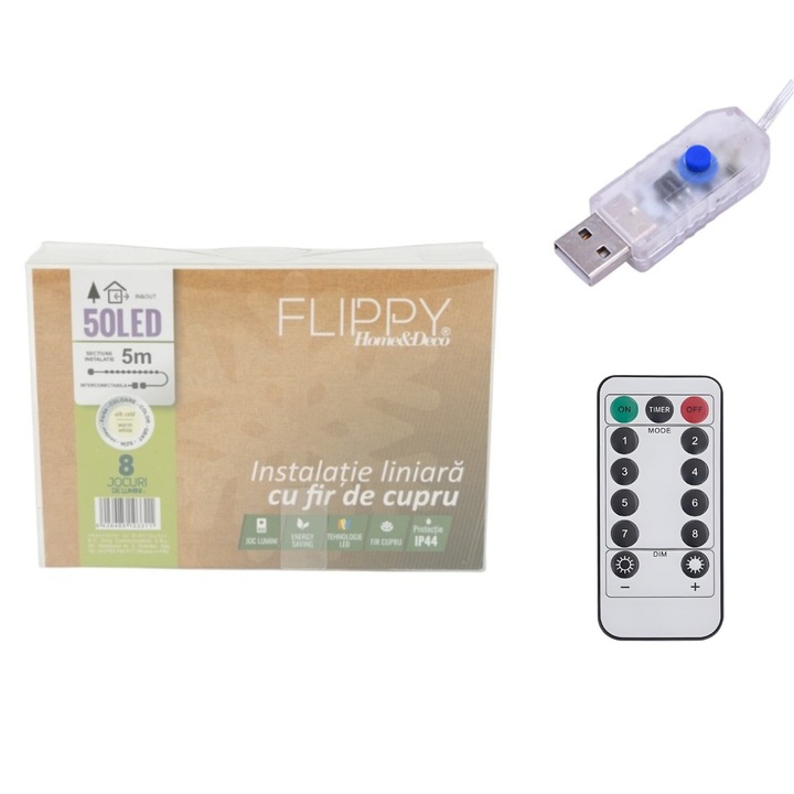 Instalatie de Craciun, Flippy, Cupru, 50 Led-uri, Alb Cald, 5 m, Telecomanda, Alimentare USB