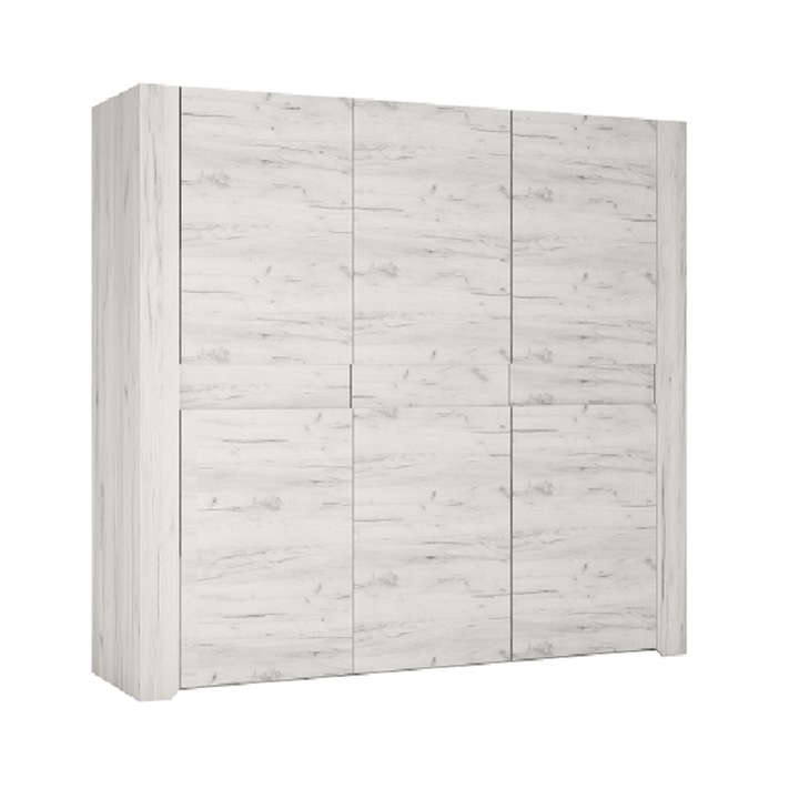 Dulap cu 3 usi, culoare alb, cu rafturi si bare pentru umerase, din PAL, incapator si elegant, 220, 1x207, 5x60 cm
