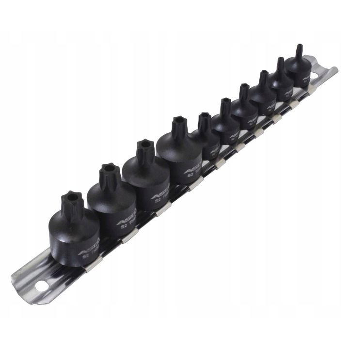 Комплект 10 ниски торкс ударни вложки Asta 1/4"-3/8", здрави, организирани на метална шина