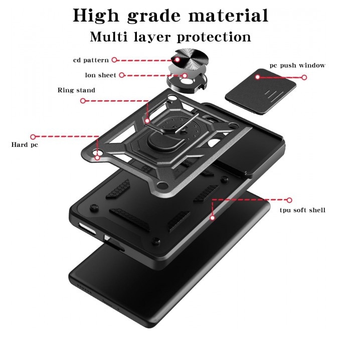 Husa Spate Upzz® Camshield Compatibila Cu Honor X5c Plus, Protectie La Camere, Inel Metalic, Stand - Blue
