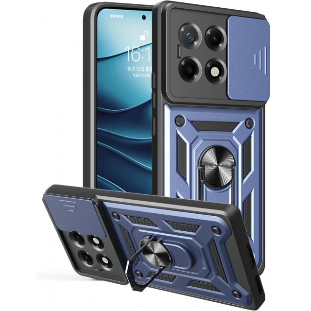 Husa Spate Upzz® Camshield Compatibila Cu Honor X5c Plus, Protectie La Camere, Inel Metalic, Stand - Blue