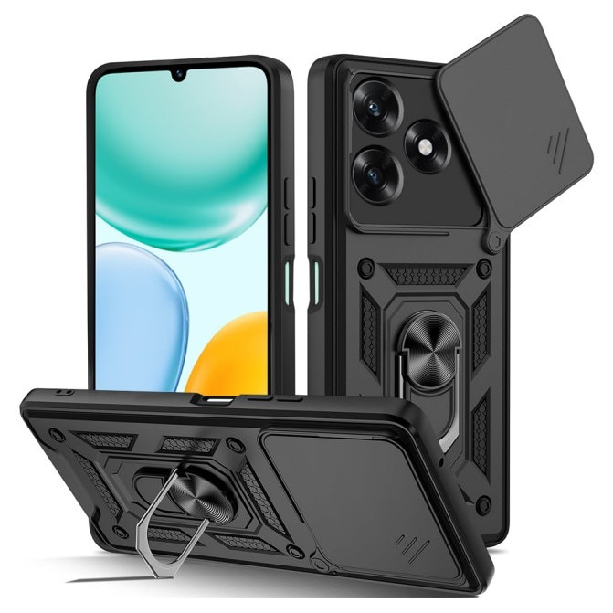 Husa Spate Upzz® Camshield Compatibila Cu Honor X5c Plus, Protectie La Camere, Inel Metalic, Stand - Black