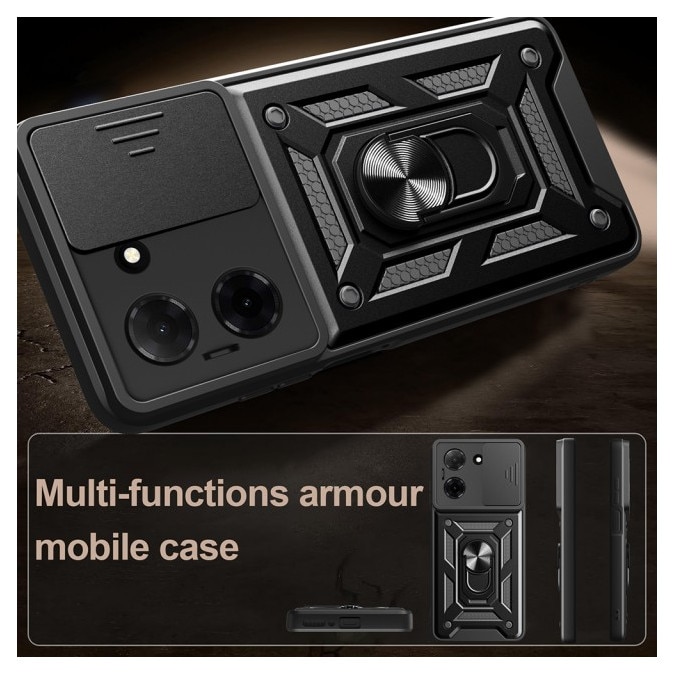 Husa Spate Upzz® Camshield Compatibila Cu Honor X5c Plus, Protectie La Camere, Inel Metalic, Stand - Black