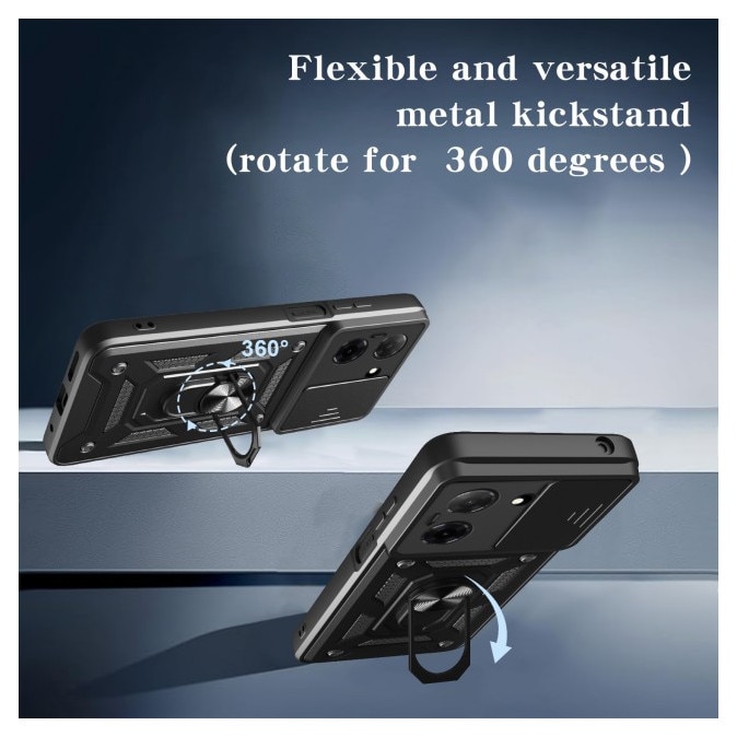 Husa Spate Upzz® Camshield Compatibila Cu Honor X5c Plus, Protectie La Camere, Inel Metalic, Stand - Black