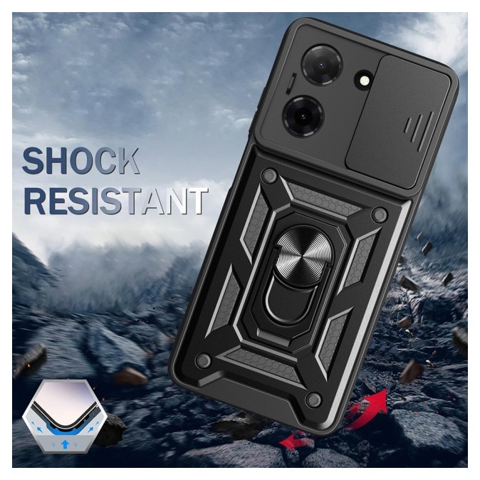 Husa Spate Upzz® Camshield Compatibila Cu Honor X5c Plus, Protectie La Camere, Inel Metalic, Stand - Black