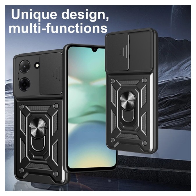 Husa Spate Upzz® Camshield Compatibila Cu Honor X5c Plus, Protectie La Camere, Inel Metalic, Stand - Black