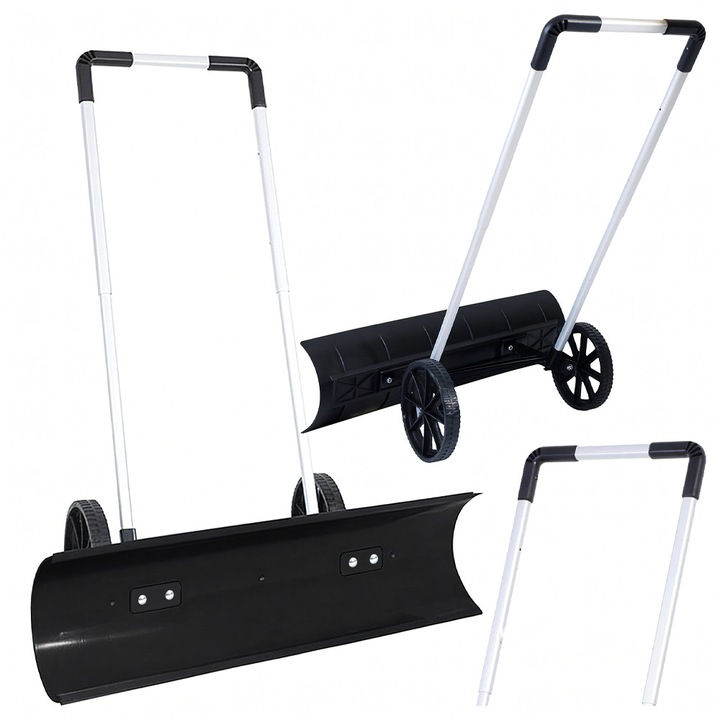 Plug pentru Deszapezire pe Roti, Lopata Zapada, Lama si Maner Reglabil, 95 cm, din Otel, ABS si Polipropilena, Negru