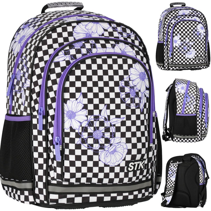 Iskolatáska lányoknak, kockás lila virágmintával