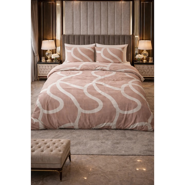 Lenjerie de pat Sleeptime, 1x husa pilota 140x200/220, 1x fete de perna 60x70, Bumbac 100%, Hipoalergenica, 128T, model Pure Clay Contours Peach Brown, culoare Maro